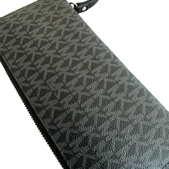 Michael Kors Jet Set Continental Wallet Signature Black Grey Handle Zip Leather - Picture 8 of 11